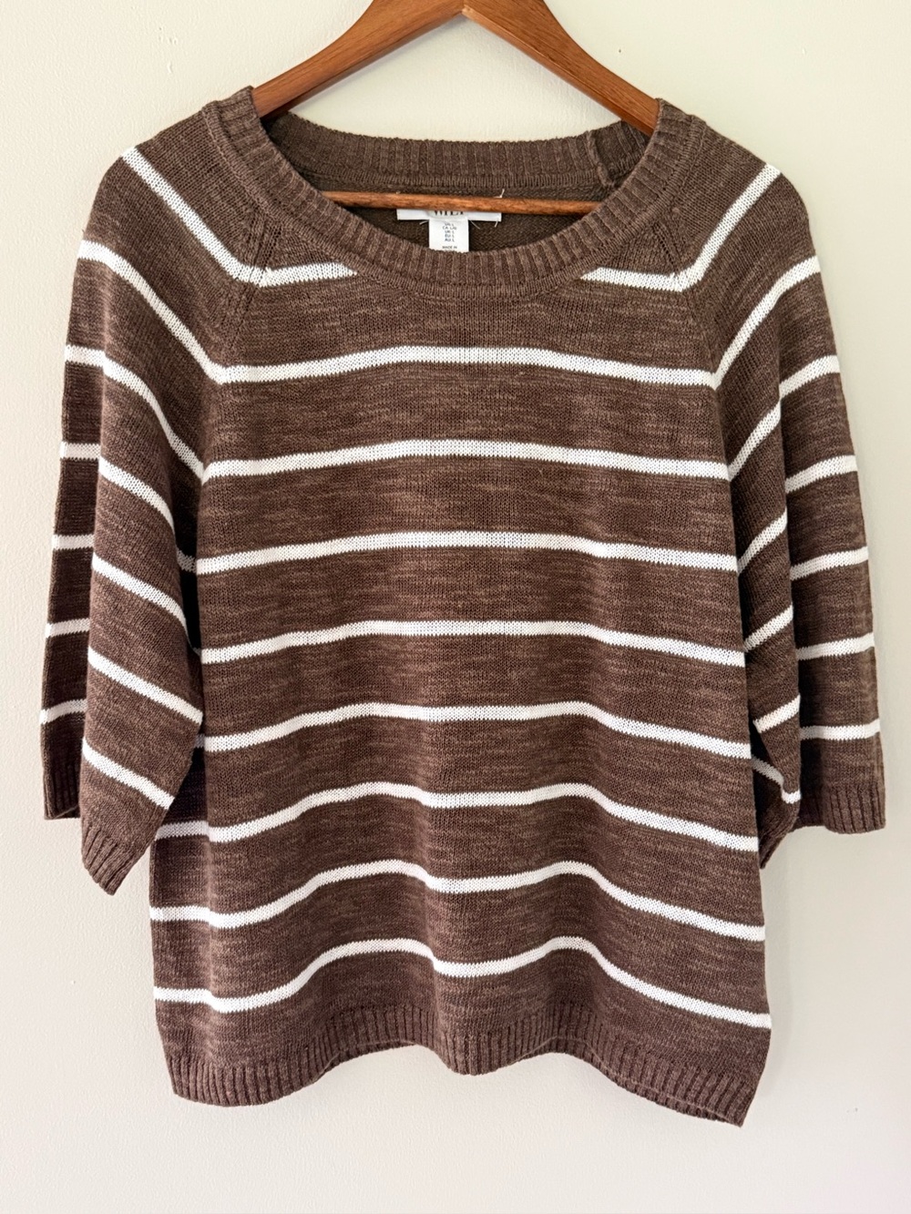 WILT Organic Linen Cotton Striped Knit Sweater Large Brown White Relaxed